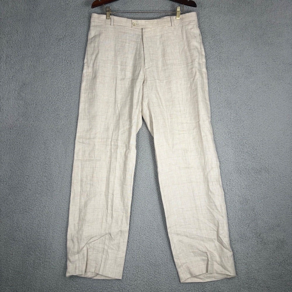 Perry Ellis Pants Mens 34x30 Beige Glen Plaid 100% Linen Straight Leg Trousers